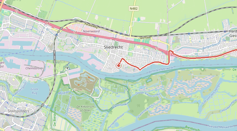 Kaart van de omgeving van de melding, met de kazerne die is gealarmeerd
