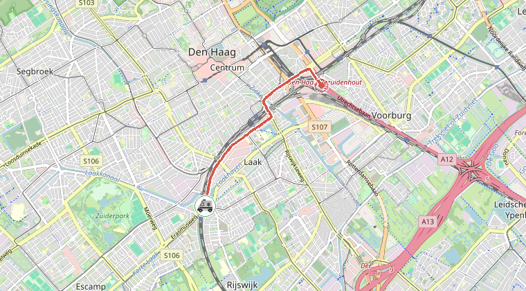 Kaart van de omgeving van de melding, met de kazerne die is gealarmeerd