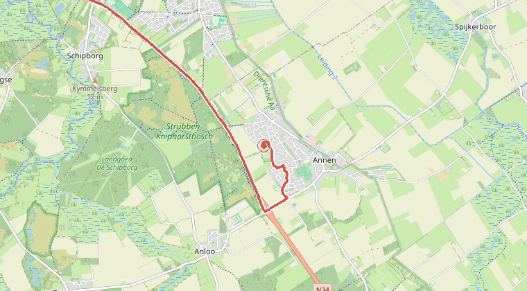 Kaart van de omgeving van de melding, met de kazerne die is gealarmeerd