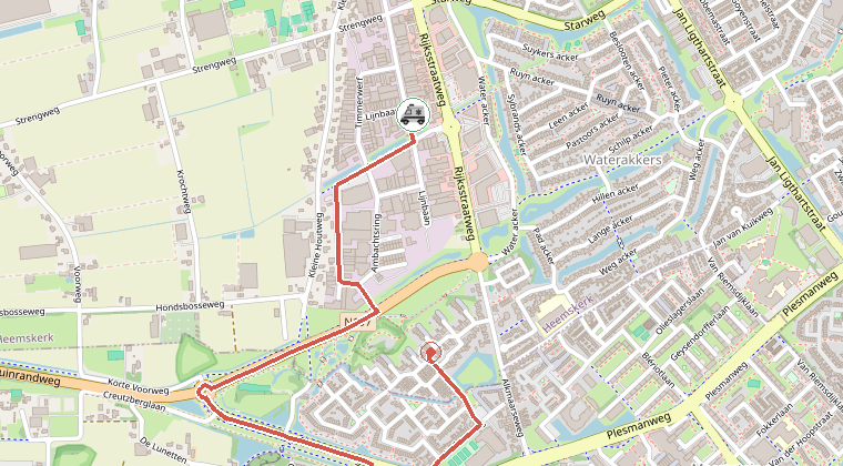Kaart van de omgeving van de melding, met de kazerne die is gealarmeerd