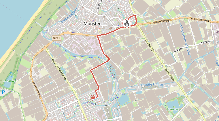 Kaart van de omgeving van de melding, met de kazerne die is gealarmeerd