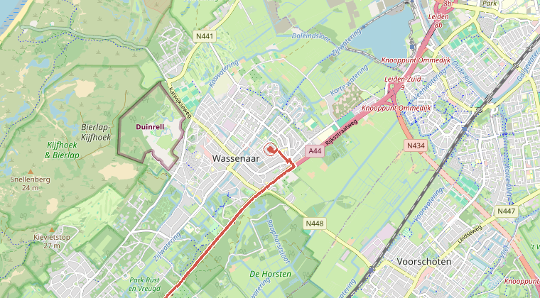 Kaart van de omgeving van de melding, met de kazerne die is gealarmeerd