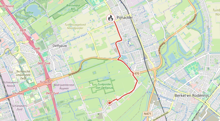 Kaart van de omgeving van de melding, met de kazerne die is gealarmeerd