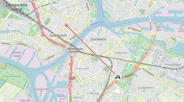 Kaart van de omgeving van de melding, met de kazerne die is gealarmeerd