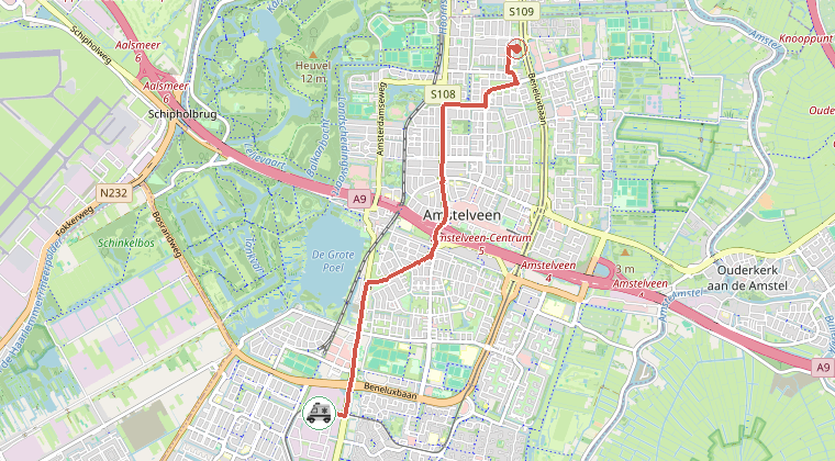Kaart van de omgeving van de melding, met de kazerne die is gealarmeerd