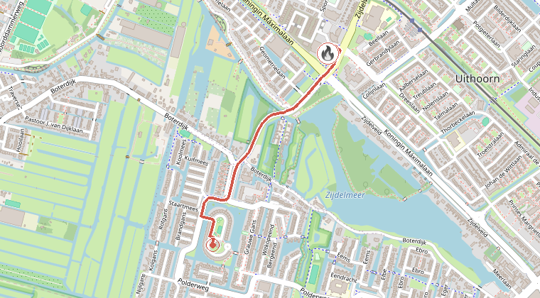 Kaart van de omgeving van de melding, met de kazerne die is gealarmeerd