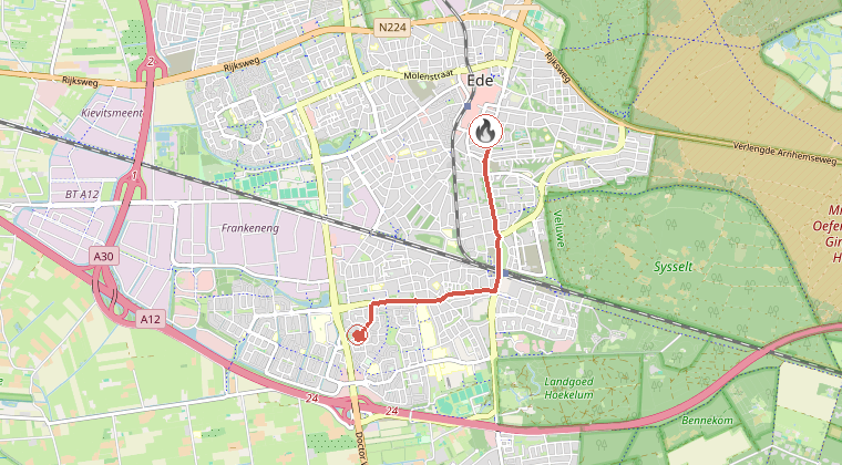 Kaart van de omgeving van de melding, met de kazerne die is gealarmeerd