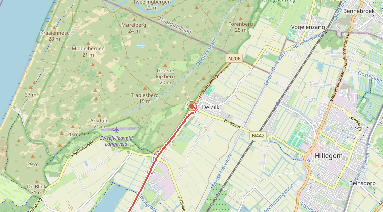 Kaart van de omgeving van de melding, met de kazerne die is gealarmeerd