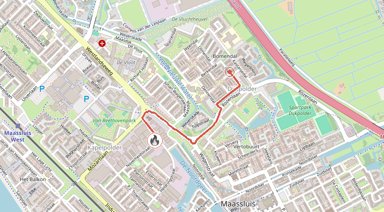 Kaart van de omgeving van de melding, met de kazerne die is gealarmeerd