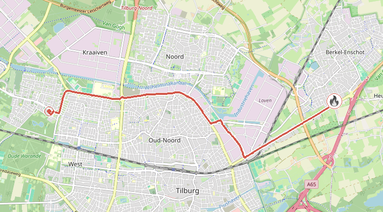 Kaart van de omgeving van de melding, met de kazerne die is gealarmeerd