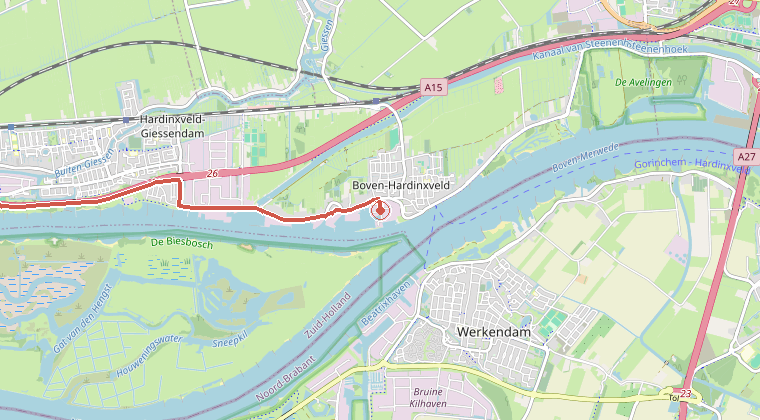 Kaart van de omgeving van de melding, met de kazerne die is gealarmeerd