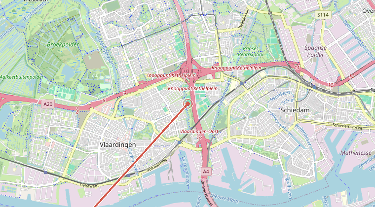 Kaart van de omgeving van de melding, met de kazerne die is gealarmeerd