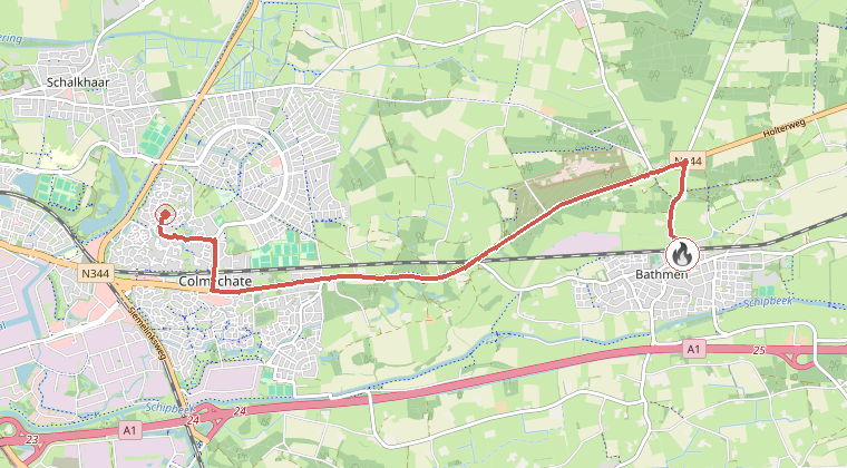 Kaart van de omgeving van de melding, met de kazerne die is gealarmeerd