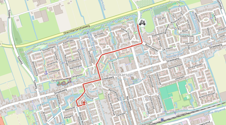 Kaart van de omgeving van de melding, met de kazerne die is gealarmeerd