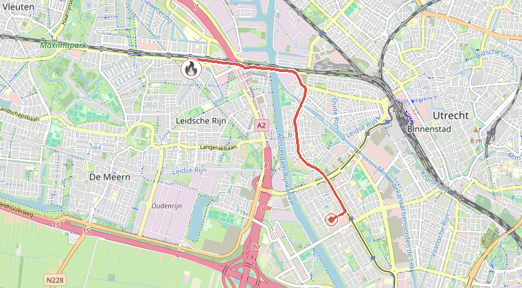 Kaart van de omgeving van de melding, met de kazerne die is gealarmeerd