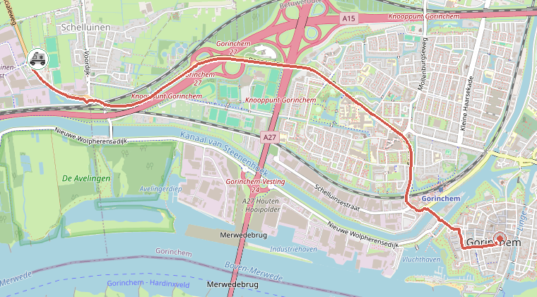 Kaart van de omgeving van de melding, met de kazerne die is gealarmeerd