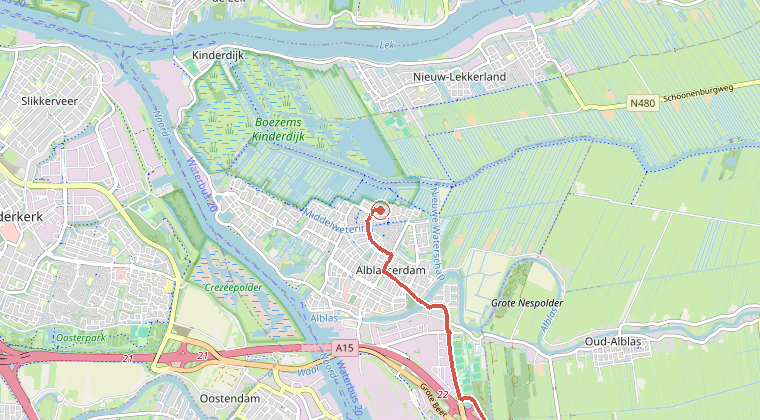 Kaart van de omgeving van de melding, met de kazerne die is gealarmeerd