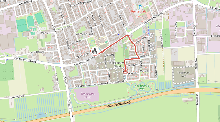 Kaart van de omgeving van de melding, met de kazerne die is gealarmeerd
