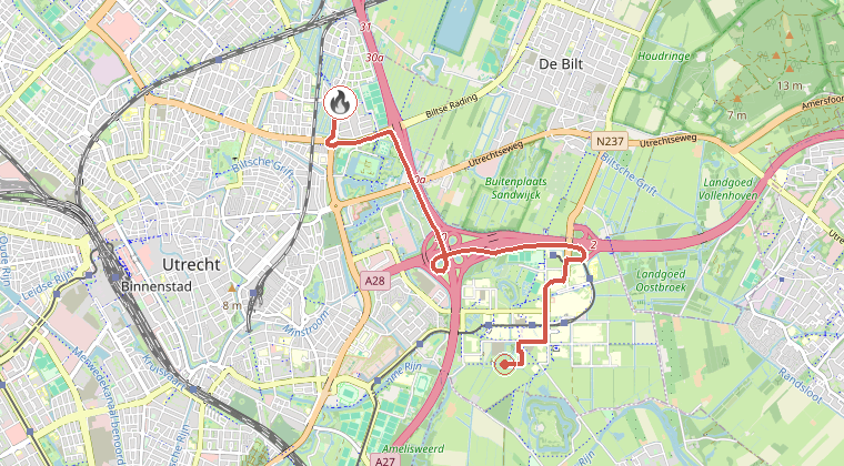 Kaart van de omgeving van de melding, met de kazerne die is gealarmeerd