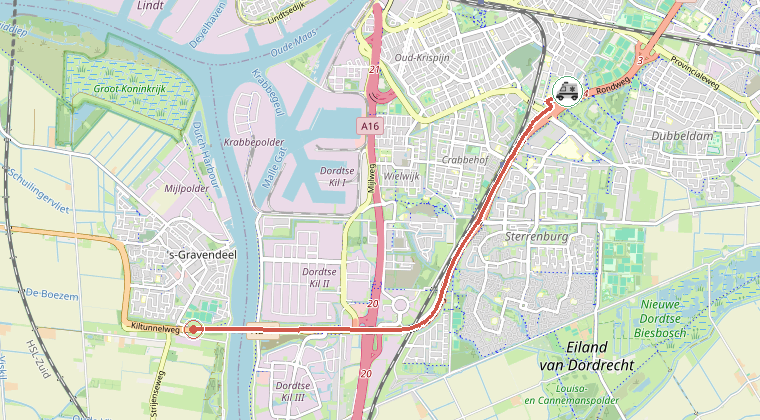 Kaart van de omgeving van de melding, met de kazerne die is gealarmeerd
