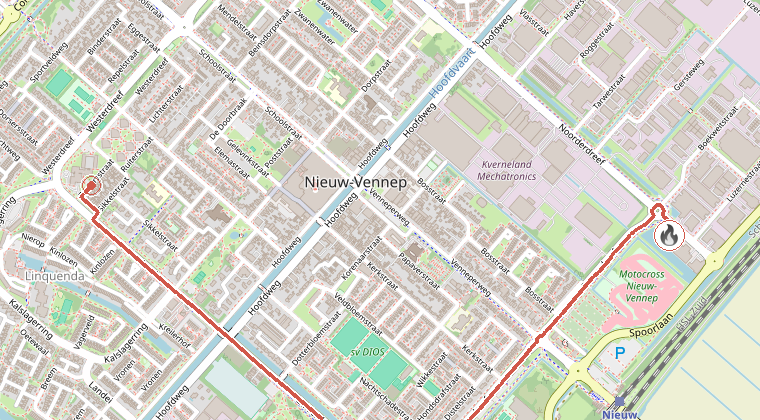 Kaart van de omgeving van de melding, met de kazerne die is gealarmeerd