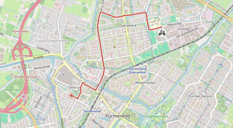 Kaart van de omgeving van de melding, met de kazerne die is gealarmeerd