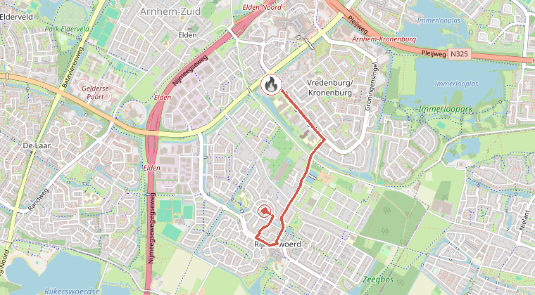 Kaart van de omgeving van de melding, met de kazerne die is gealarmeerd