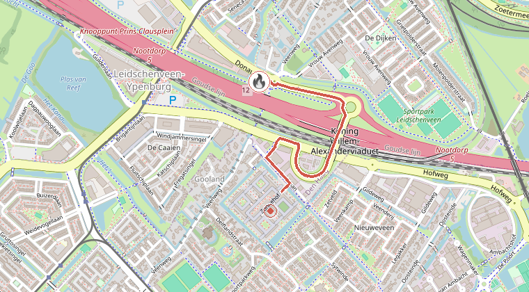 Kaart van de omgeving van de melding, met de kazerne die is gealarmeerd