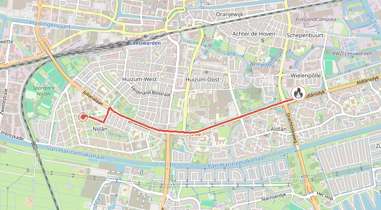 Kaart van de omgeving van de melding, met de kazerne die is gealarmeerd