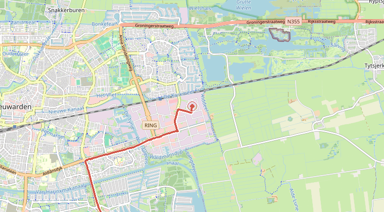 Kaart van de omgeving van de melding, met de kazerne die is gealarmeerd