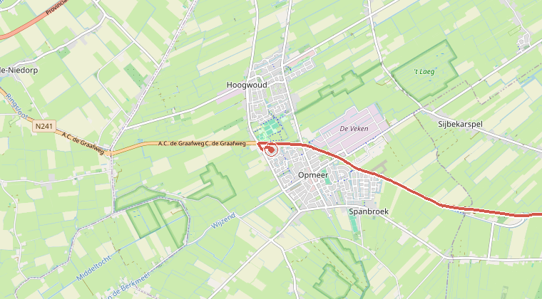 Kaart van de omgeving van de melding, met de kazerne die is gealarmeerd