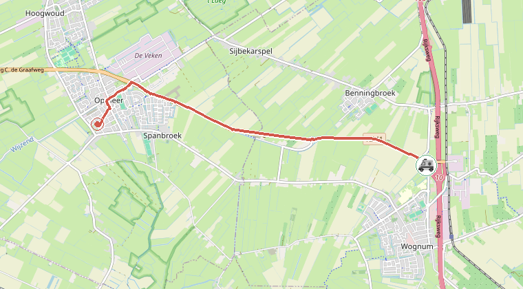 Kaart van de omgeving van de melding, met de kazerne die is gealarmeerd