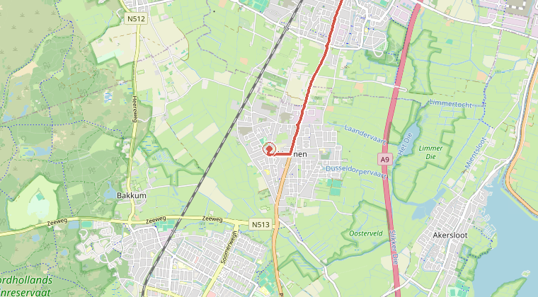 Kaart van de omgeving van de melding, met de kazerne die is gealarmeerd
