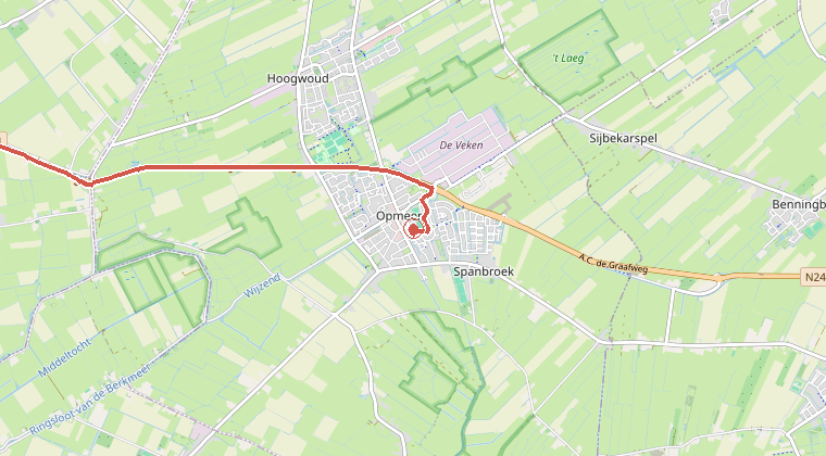Kaart van de omgeving van de melding, met de kazerne die is gealarmeerd
