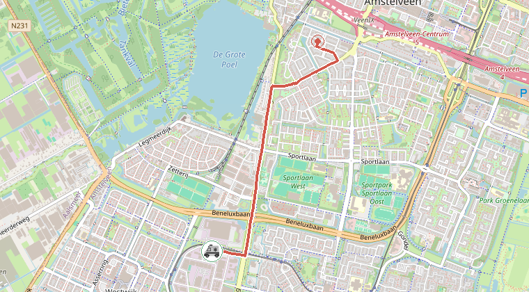 Kaart van de omgeving van de melding, met de kazerne die is gealarmeerd