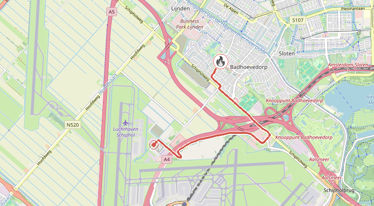 Kaart van de omgeving van de melding, met de kazerne die is gealarmeerd