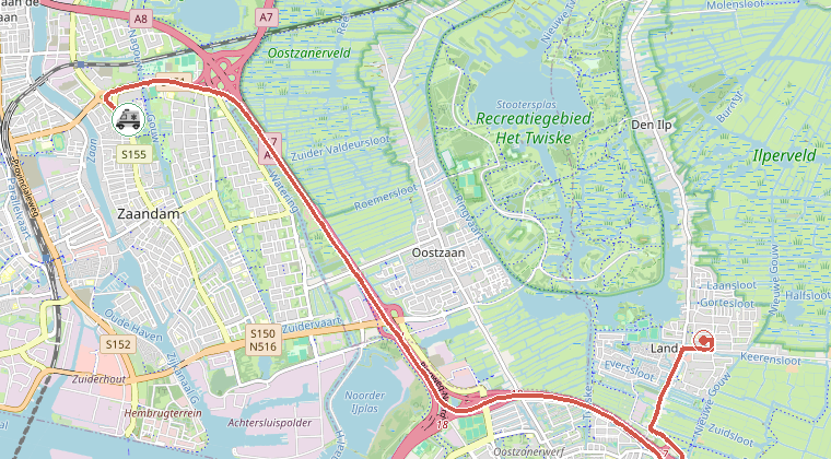 Kaart van de omgeving van de melding, met de kazerne die is gealarmeerd