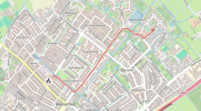 Kaart van de omgeving van de melding, met de kazerne die is gealarmeerd