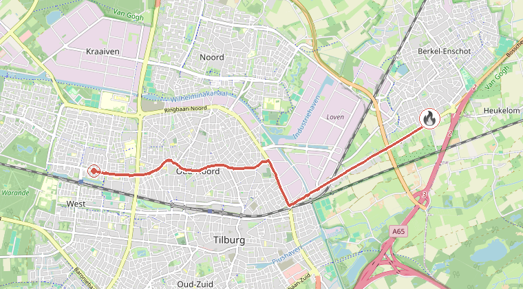 Kaart van de omgeving van de melding, met de kazerne die is gealarmeerd