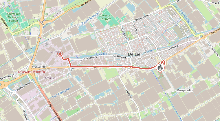 Kaart van de omgeving van de melding, met de kazerne die is gealarmeerd