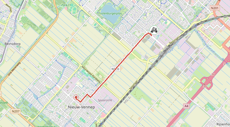 Kaart van de omgeving van de melding, met de kazerne die is gealarmeerd