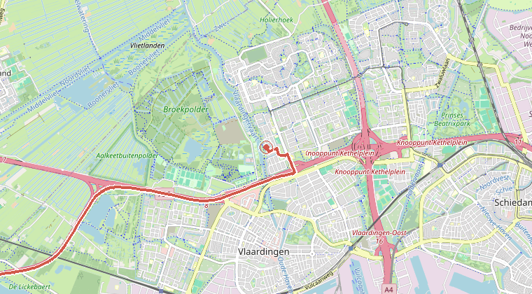 Kaart van de omgeving van de melding, met de kazerne die is gealarmeerd