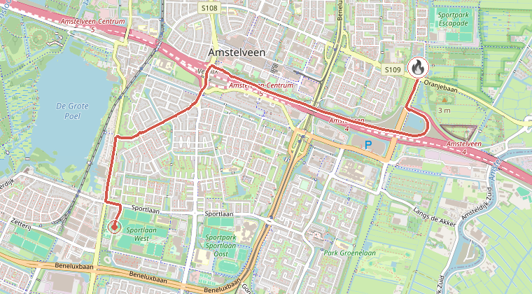 Kaart van de omgeving van de melding, met de kazerne die is gealarmeerd