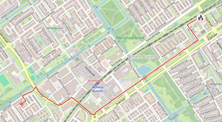 Kaart van de omgeving van de melding, met de kazerne die is gealarmeerd