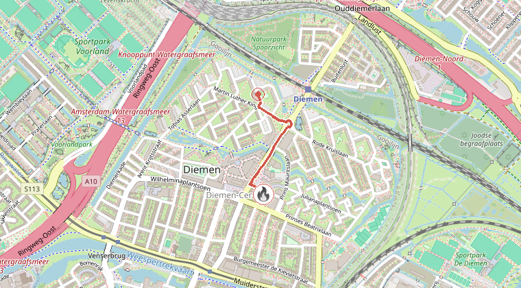 Kaart van de omgeving van de melding, met de kazerne die is gealarmeerd