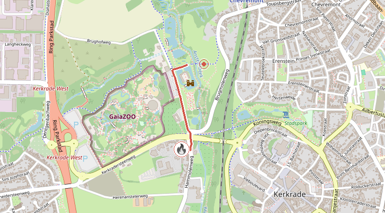 Kaart van de omgeving van de melding, met de kazerne die is gealarmeerd