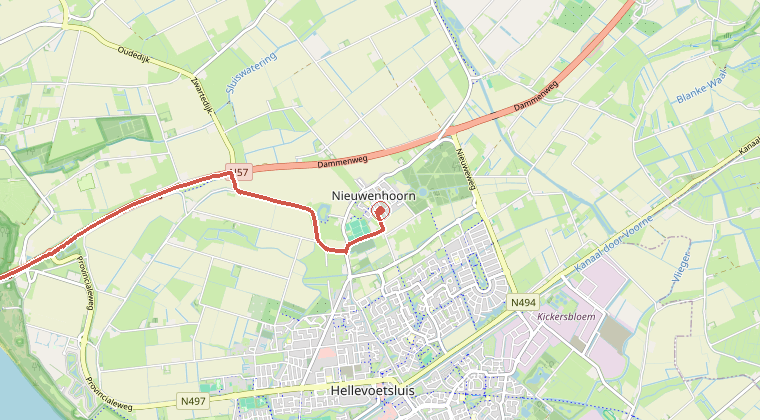 Kaart van de omgeving van de melding, met de kazerne die is gealarmeerd