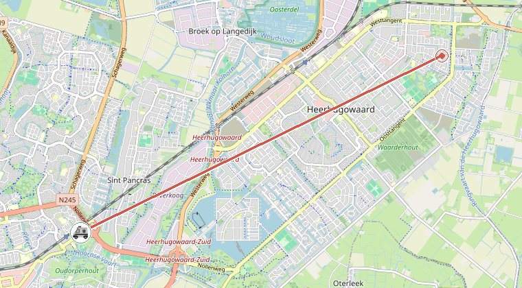 Kaart van de omgeving van de melding, met de kazerne die is gealarmeerd