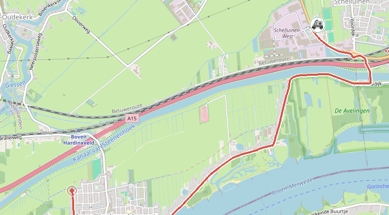 Kaart van de omgeving van de melding, met de kazerne die is gealarmeerd