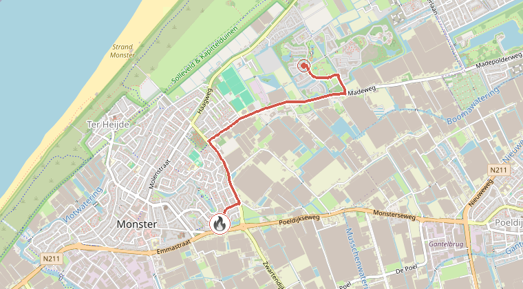 Kaart van de omgeving van de melding, met de kazerne die is gealarmeerd